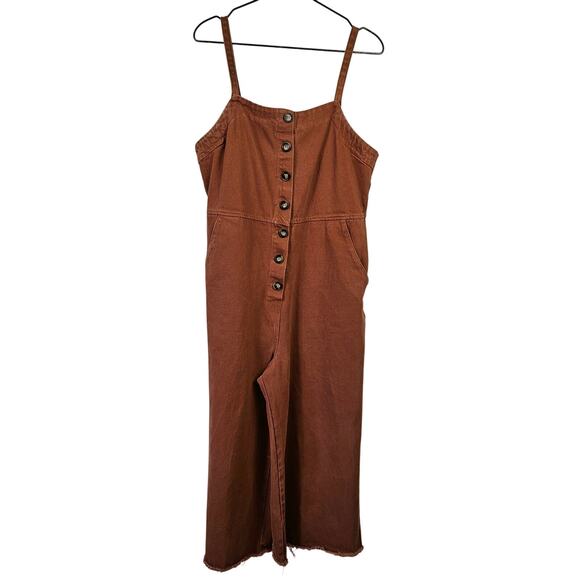 Wishlist Denim Wide Leg Overalls Jumpsuit L Rust Brown Cropped Raw Hem - Picture 1 of 12